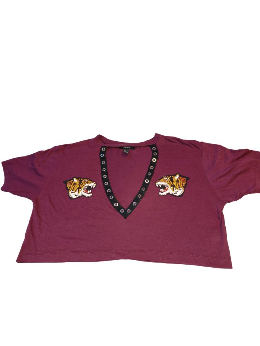 Forever 21 Burgundy Tiger Embroidered V-Neck Crop Top Women's Size Medium
